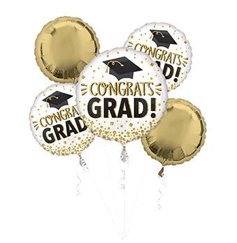 Gold glitter Congrats Grad balloon bouquet with mylar and latex balloons