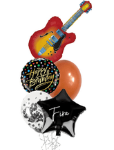 Balloon bouquet with giant guitar balloon, #1 Dad balloons, stars, and Hershey’s Kisses base