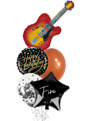 Balloon bouquet with giant guitar balloon, #1 Dad balloons, stars, and Hershey’s Kisses base