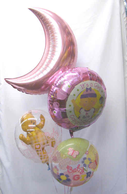 Deluxe It’s a Girl balloon bouquet with pink moon, bubble bear, and mylar balloons