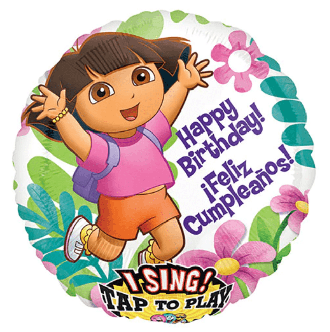 Dora the Explorer singing balloon bouquet with Happy Birthday balloons and candy weight