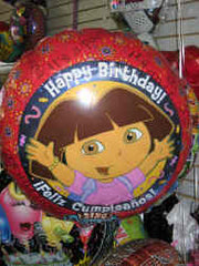 Dora the Explorer singing balloon bouquet with Happy Birthday balloons and candy weight