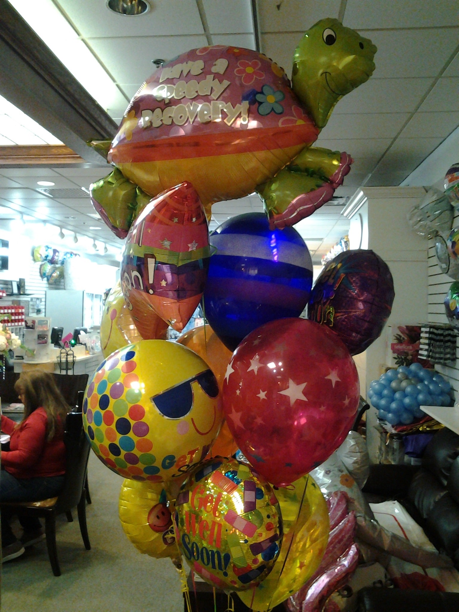Get Well Soon Speedy Recovery balloon bouquet with turtle, mylar, and colorful latex balloons