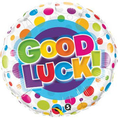 A round and 18 inches, multicolored floating latex balloon with the text 'GOOD LUCK' printed on it, surrounded by various colorful polka dots.