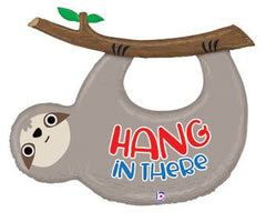 Hang in There Get Well balloon bouquet with sloth balloon, sun balloon, Get Well Soon balloons, and colorful latex balloons