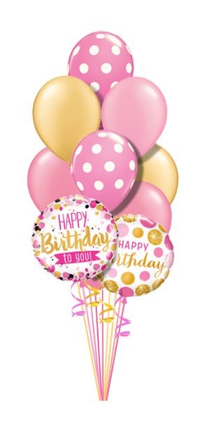 Pink and gold birthday balloon bouquet with polka dot latex and mylar balloons