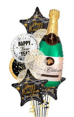 Happy New Year champagne celebration balloon bouquet with gold and silver mylars attached to Hershey’s Kisses weight