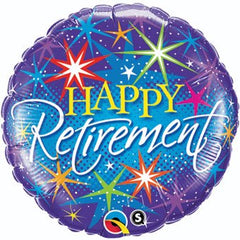 Colorful 18 inches round floating balloon with 'Happy Retirement' text on a blue/purple background