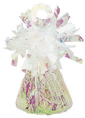 Iridescent foil balloon weight with reflective rainbow shimmer