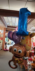 Jungle 1st Birthday Balloon Bouquet with giant number 1 and animal mylars