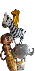 Jungle 1st birthday balloon bouquet with number 1 balloon, zebra, monkey, elephant, giraffe, and happy birthday balloon