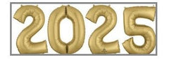 Large gold number balloons forming 2025 New Year bouquet – metallic supersized balloon display