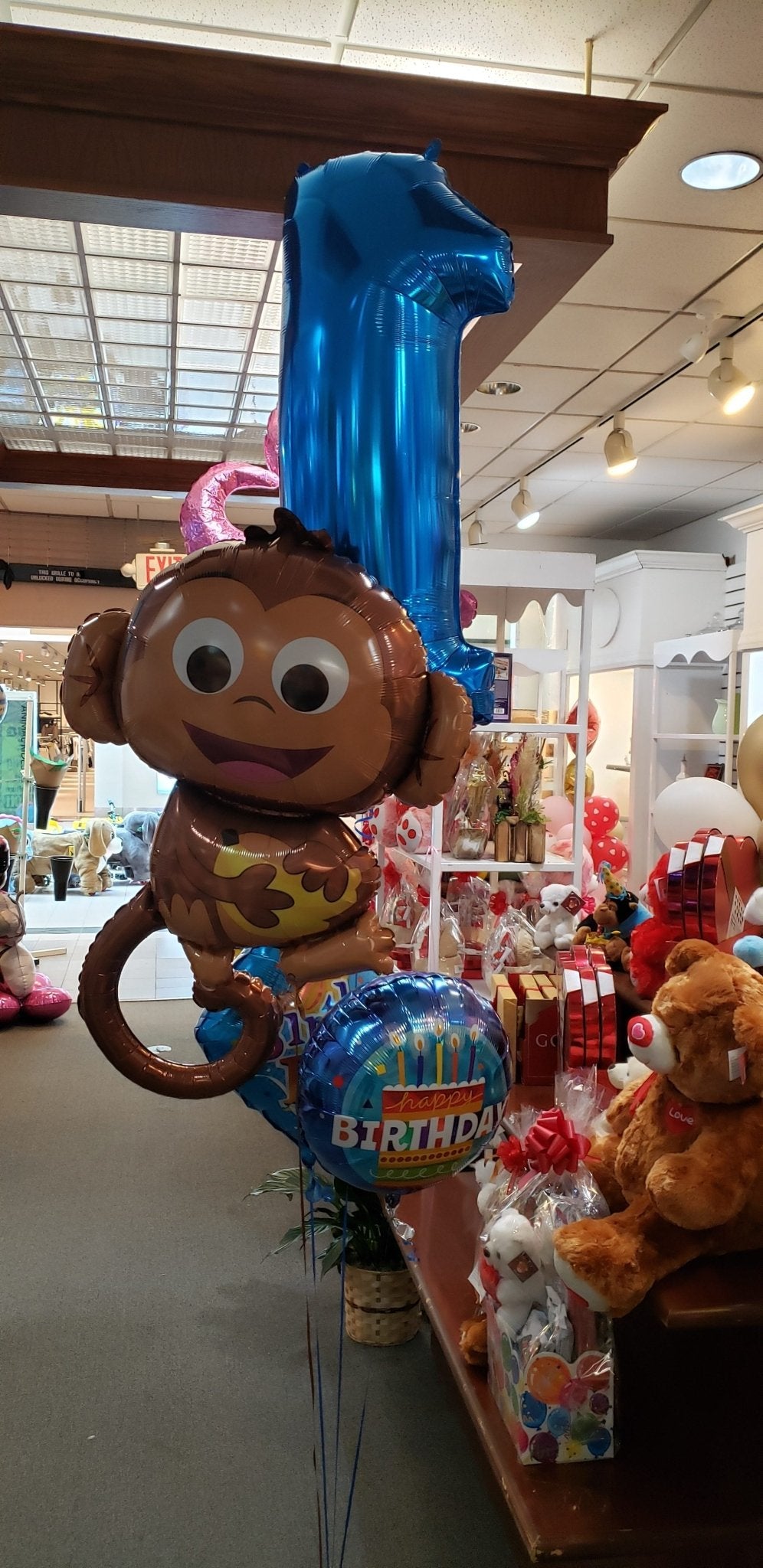 Happy Monkey 1st Birthday Balloon Bouquet with number 1 and Happy Birthday balloons