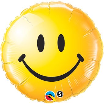 Yellow smiley face 18 inches round floating balloon with black smile and eyes on a white background