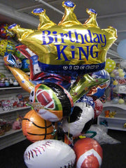 Happy Birthday Sports King balloon bouquet with crown and sports balloons