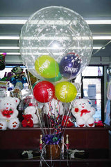 3 FT hot air balloon bouquet with colorful latex balloons and Hershey Kisses basket