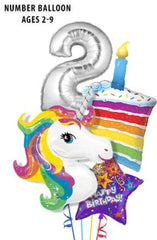Unicorn Age Birthday Balloon Bouquet with number, unicorn, cake, and happy birthday balloons
