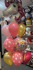Unicorn balloon bouquet with colorful latex and Happy Birthday balloons