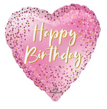 Pink and gold heart-shaped 18 inch mylar balloon with happy birthday text