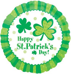 18-inch Happy St. Patrick’s Day mylar balloon with green clovers and polka dots design