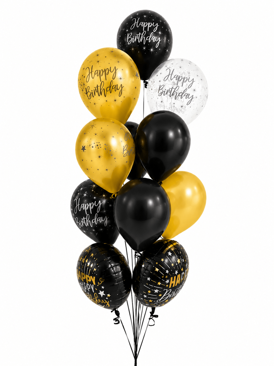 Art Deco Happy Birthday Balloon Bouquet - Black, Gold & Silver