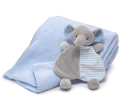 A baby comforter set featuring a light blue plush blanket and a gray elephant-shaped lovey with a light blue and white striped belly, photographed on a clean white background.