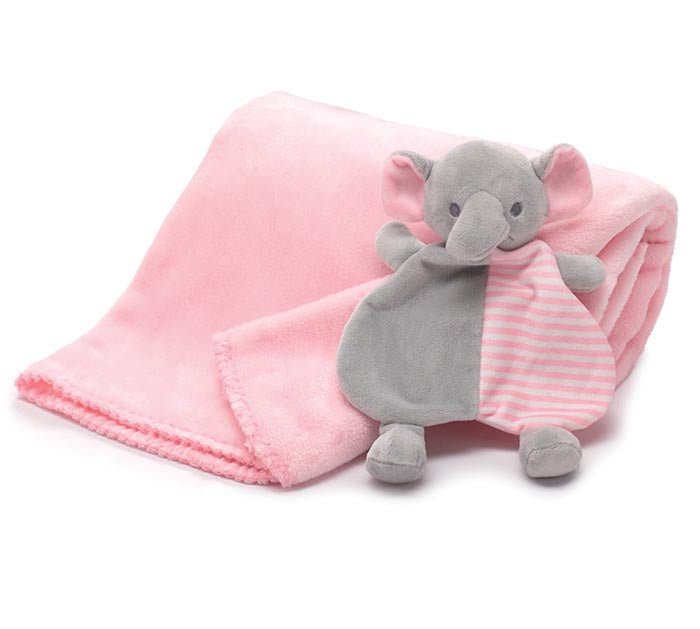 A pink plush baby blanket with a gray elephant comforter featuring pink and white stripes, set against a plain white background.