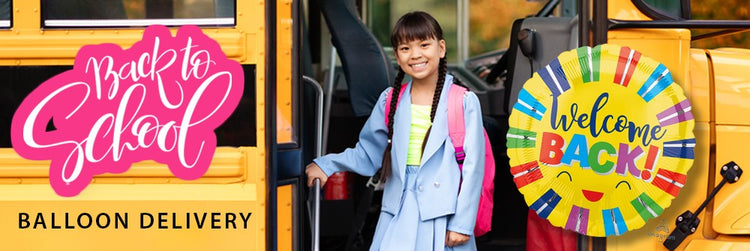 Child with backpack standing next to a school bus with 'Back to School' balloon delivery text.