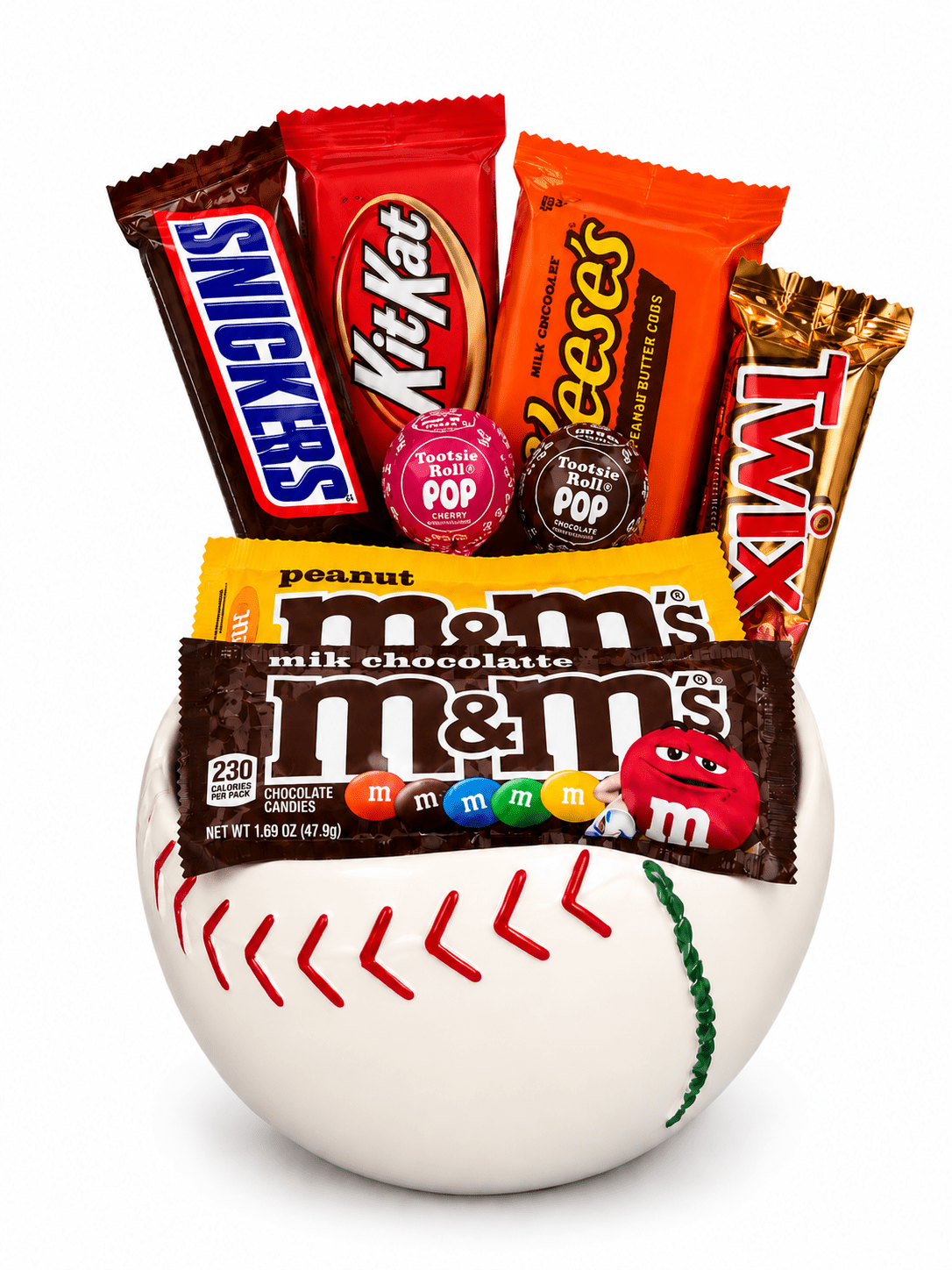 A baseball-shaped chocolate gift basket filled with assorted candy, including Snickers, Kit Kat, Reese's, Twix, M&M's, and a small Oop candy, on a white background.
