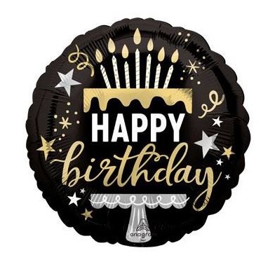 black and gold happy birthday 18 inch mylar balloon