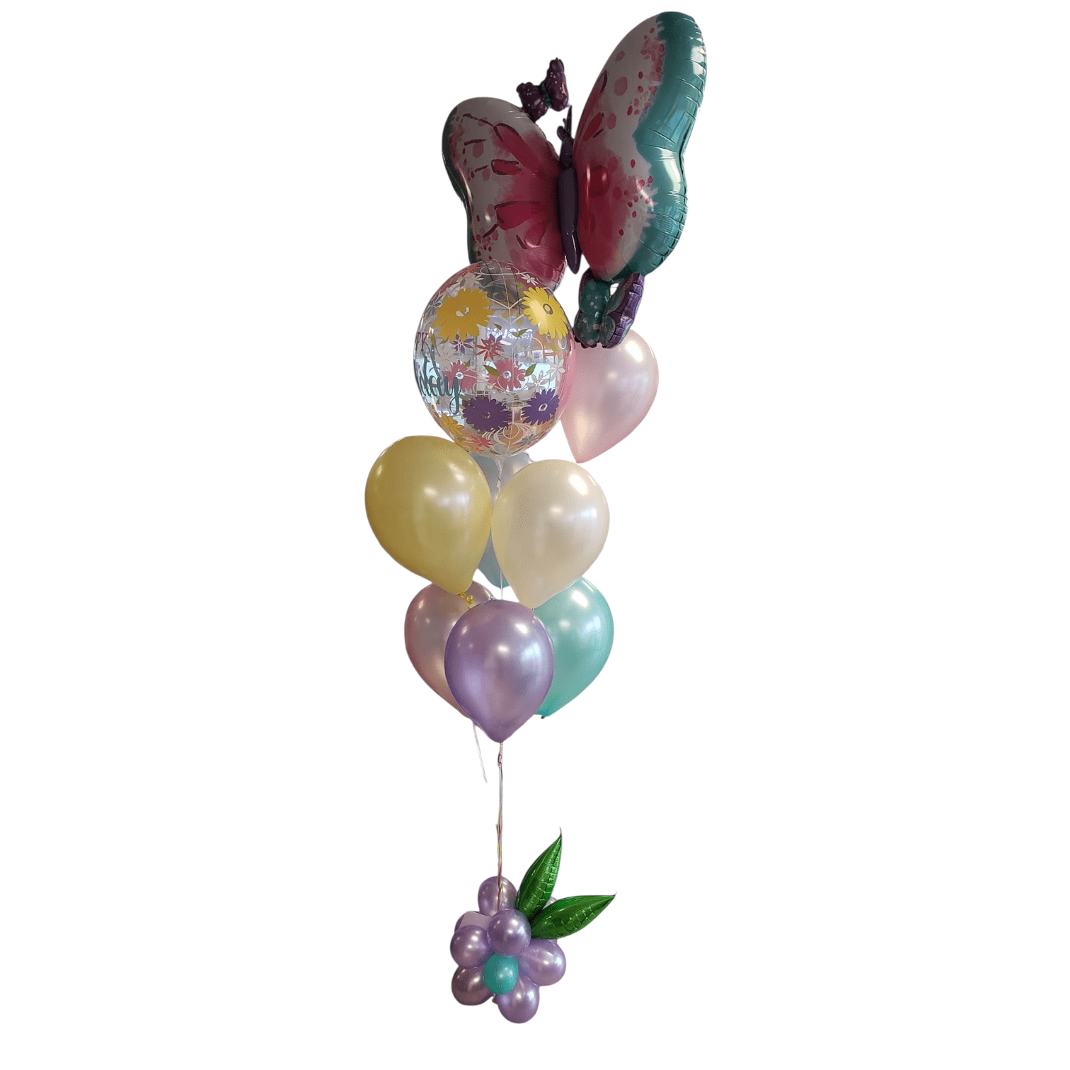 Bouquet of balloons including pink, gold, and glittery heart-shaped balloons on a white background