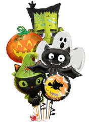 ghosts spiders and bats halloween balloon bouquet with mylar and latex balloons