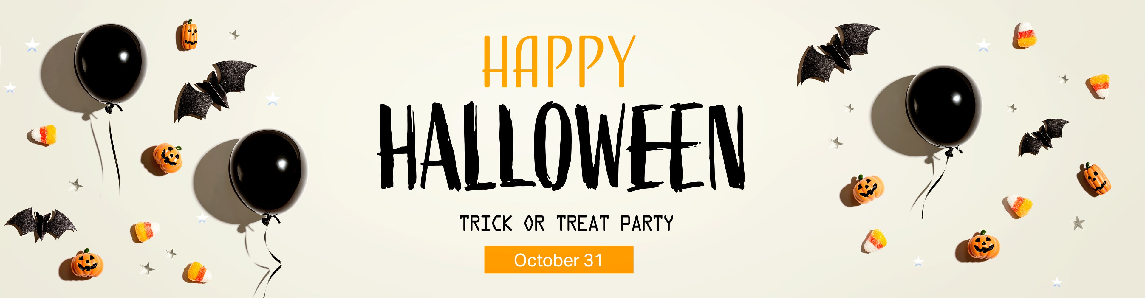 Halloween-themed banner with balloons, pumpkins, and bats on a beige background.