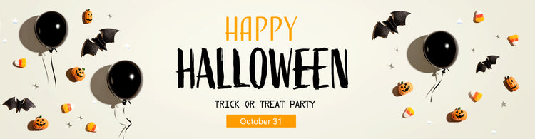 Halloween-themed banner with balloons, pumpkins, and bats on a beige background.