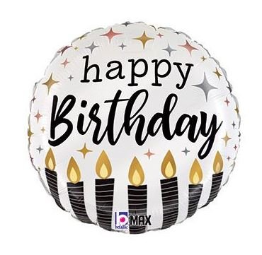 Black and gold 18 inch Happy Birthday mylar balloon with candle design