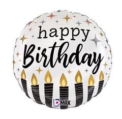 Black and gold 18 inch Happy Birthday mylar balloon with candle design