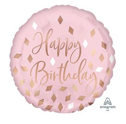 18 Inch blush pink Mylar balloon with gold Happy Birthday lettering