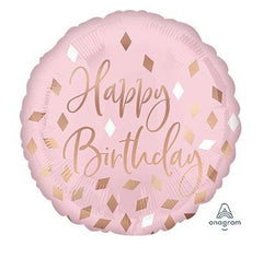 18 Inch blush pink Mylar balloon with gold Happy Birthday lettering