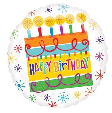 Round 18 Inch Happy Birthday Mylar balloon with colorful cake design