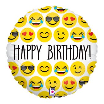 18 Inch round Happy Birthday emoji Mylar balloon with colorful faces and text