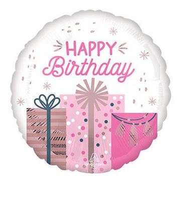 18 Inch round pink presents Happy Birthday Mylar balloon with confetti design
