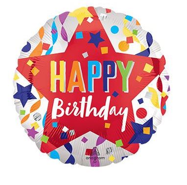 colorful 18 inch happy birthday mylar balloon with stars and confetti design