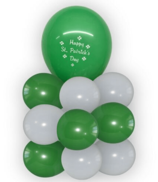 St. Patrick’s Day balloon centerpiece with green latex and shamrock mylar balloon on green base