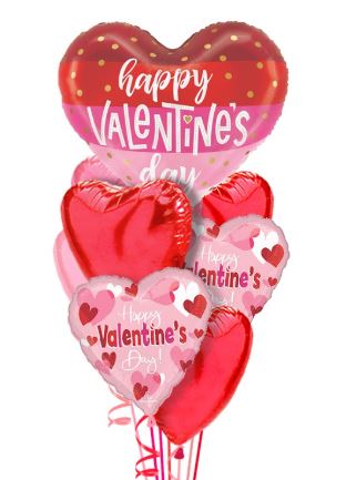 Valentine’s Day heart balloon bouquet with large and small red heart mylar balloons arranged on a festive weight