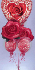 Valentine’s Day deluxe balloon bouquet with heart and rose mylars, Godiva chocolates, and 10-inch teddy bear on decorative weight