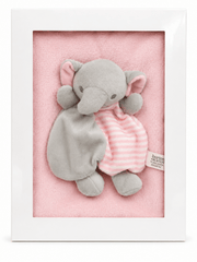 A framed baby security blanket featuring a plush gray elephant holding a pink and white striped softie dress, set against a pink background inside a white frame.