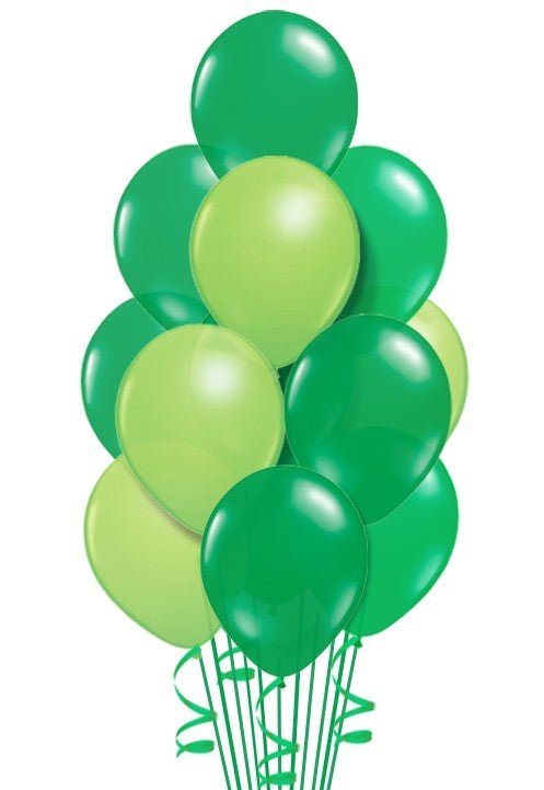 Wearing of the Green Bouquet with 15 assorted green latex balloons arranged for St. Patrick’s Day