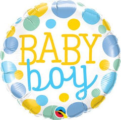 Floating balloon with 'Baby boy' text and colorful polka dots