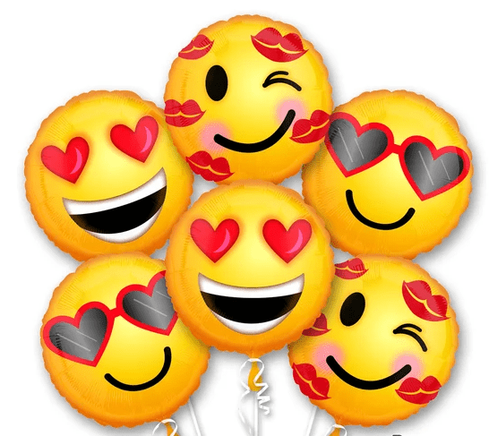 Bouquet of emoji balloons with smiling faces and fun expressions on balloon weight