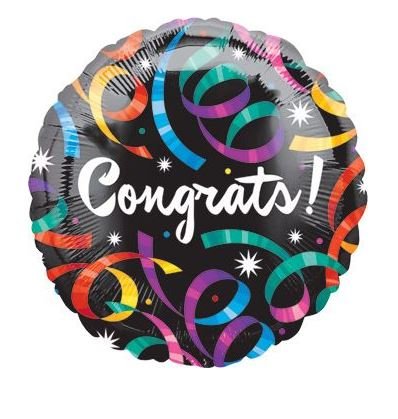 18 inches colorful round floating balloon with 'Congrats!' text on a black background